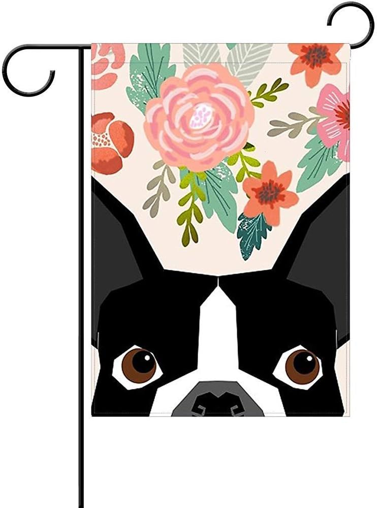 HOOSUNFlagrbfa Boston Terrier Cute Flower Garden Flag, Custom Holiday Celebrate Garden Decor Flag,12"x18" Polyester Double Sided
