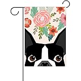 HOOSUNFlagrbfa Boston Terrier Cute Flower Garden Flag, Custom Holiday Celebrate Garden Decor Flag,12"x18" Polyester Double Sided