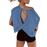 Fhniepan Open Back Tops for Women Oversized Short Sleeve Workout T Shirts Backless Y2k Athletic Crop Running Tees