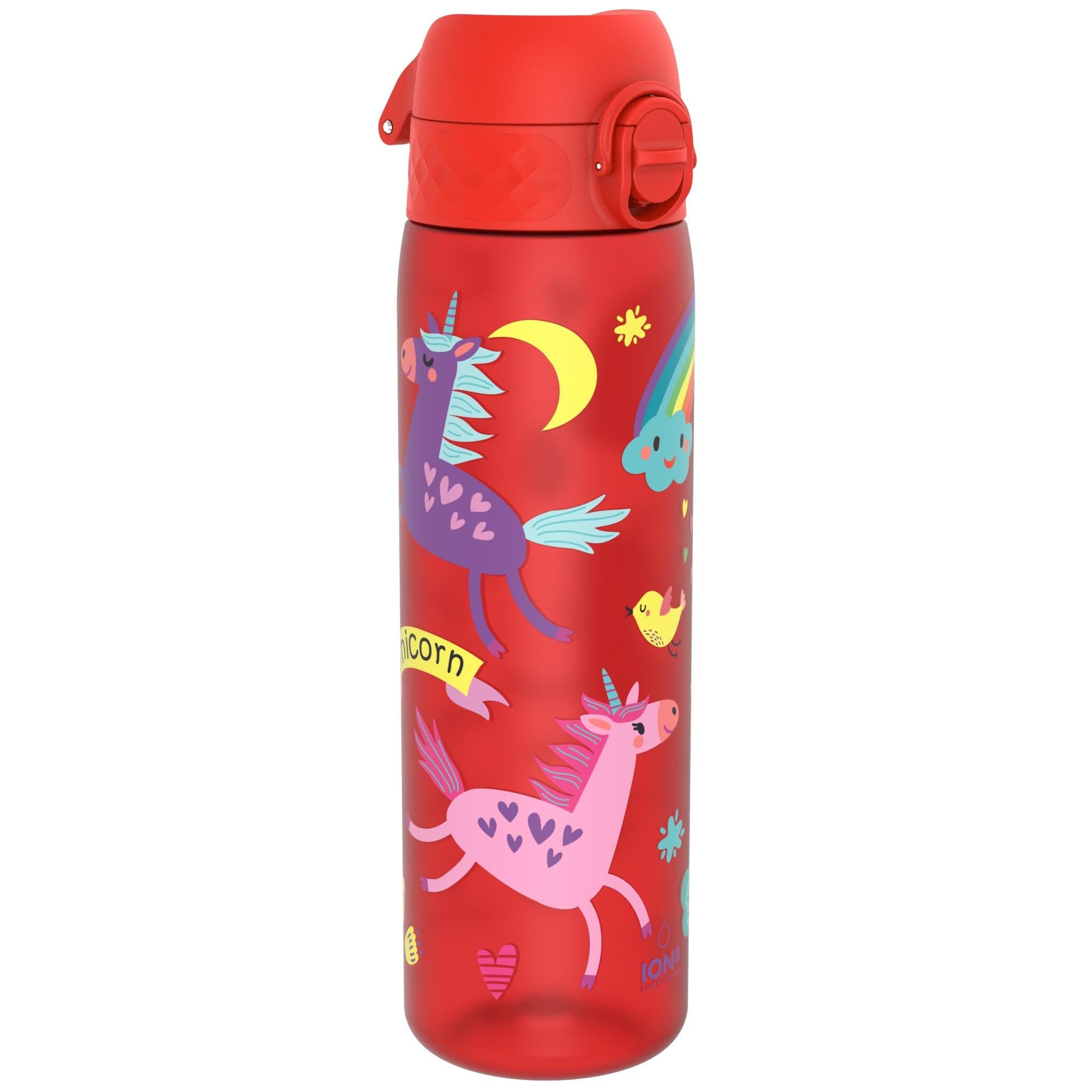 Ion8 Water Bottle, 500ml/18oz, Slim Leak Proof & BPA-Free Drinking Bottle, Secure Lock Prevents Spills, Dishwasher Safe, Carry Handle, Ideal for Adults & Kids - Travel, Gym & School, Red, Unicorns