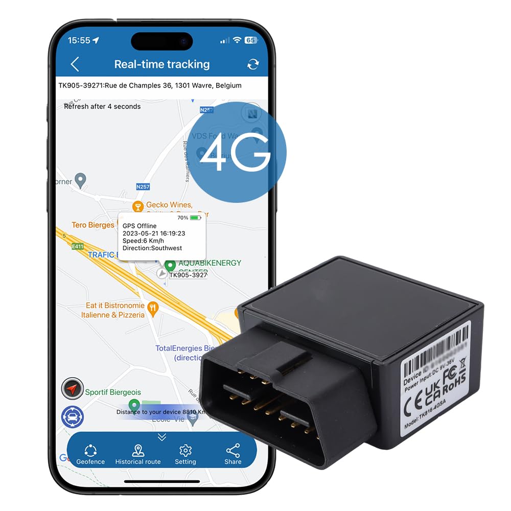 TKMARS GPS Tracker 4G Car Tracker Devices OBD2 Plug and Play Global Accurate Real-time Tracking Geo-fence Anti-theft APP without Subscribtion for Truck Van Caravan Car Tracker TK816