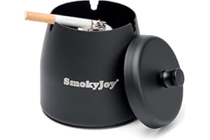SMOKYJOY Ashtray with Lid for Outside Patio, Windproof Ash Tray, Black Stainless Steel Smokeless Ashtray for Outdoor Home Office Tabletop Patio Outdoor Balcony, Medium
