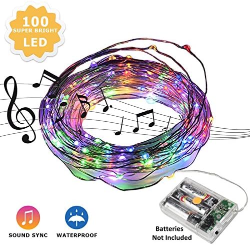 Beilf 32.8ft(10M) Sound Activated Multicolor 100 LED Copper Wire String Lights -11 Modes - Waterproof IP65- AA Battery Operated Music String Lights with Sync to Sound for Decoration [Energy Class A++]