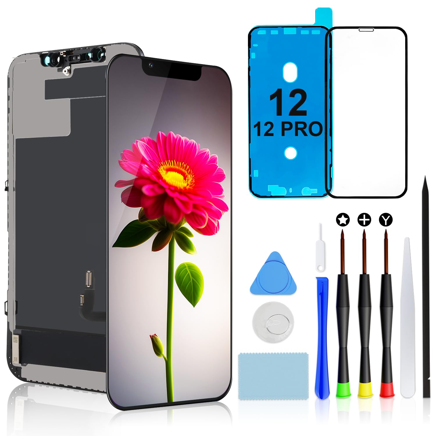 Brinonac Screen Replacement Kit for iPhone 12/12 Pro, 6.1 Inch Full HD LCD Screen, Touch Digitizer Mounting Kit with Repair Tools and Tempered Glass Screen Protector