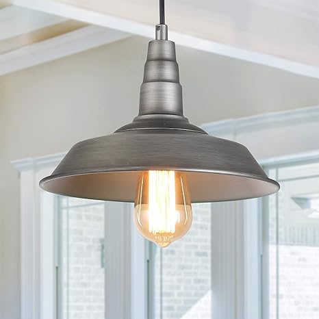 Amazon Com Log Barn Pendant Lighting For Kitchen Island Farmhouse Fixture Hanging With Rustic Metal Cap Shade In Brushed Pewter Finish Barn Style For Dining Room Foyer Entryway Hallway Home Kitchen