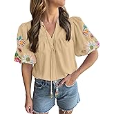 Ecosunny Women's Boho Embroidered Tops V Neck Floral Short Puff Sleeve Casual Shirts Loose Tunic Summer Blouses Fashion 2026