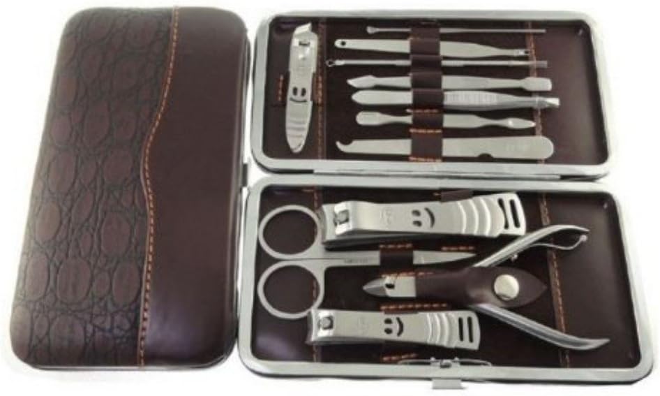 TOMTOP 12pcs Manicure Pedicure Set Nail Scissors Nail Clippers Kit with Leather Case Brown