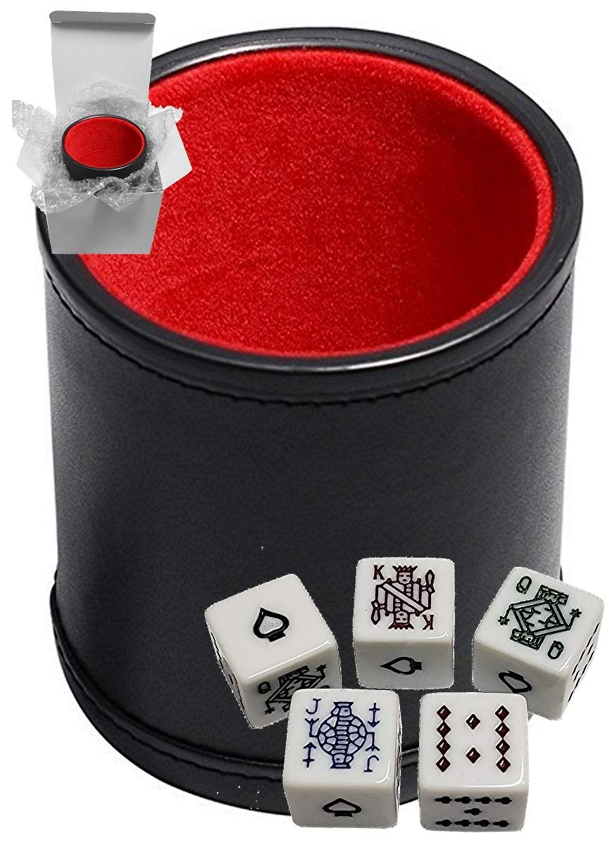 Cyber-Deals Set of Dice Cup Black PU Leather w/Plush Red Felt Lining + Poker Dice White Squared Corner Spades Ace (Gift Boxed) — image 1