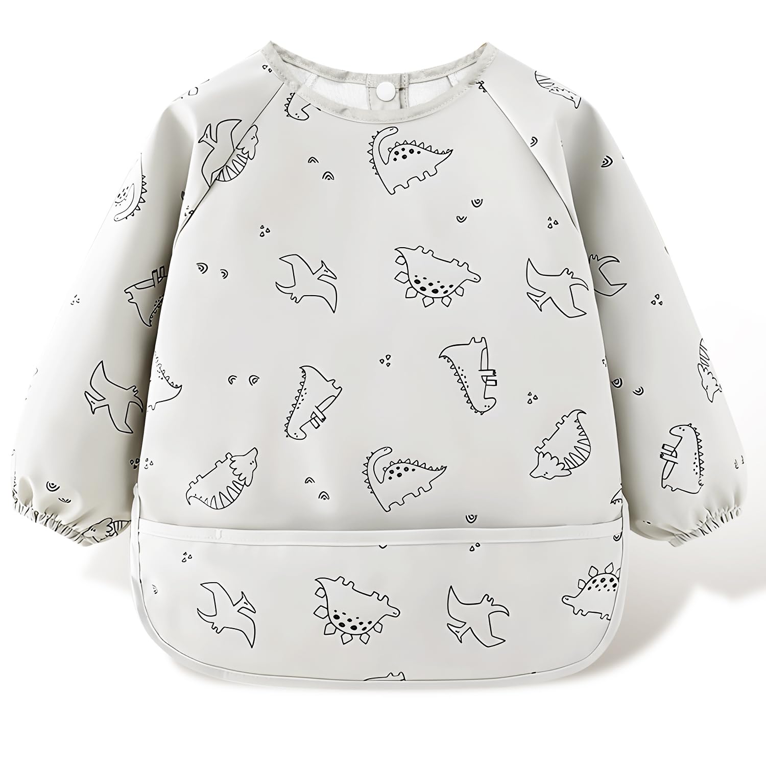 REEKNOKOL Weaning Bib, Skin-Friendly Waterproof Baby Bibs 6-12 Months, PU Bibs With Sleeves, Washable Coverall for Toddler and Baby Feeding (White)