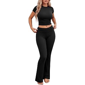 Ekouaer Womens Pajama Set Short Sleeve Crop Top Foldover Flare Pants | Soft Comfy Stretchy, Summer Wear Fall Layer, High Wais