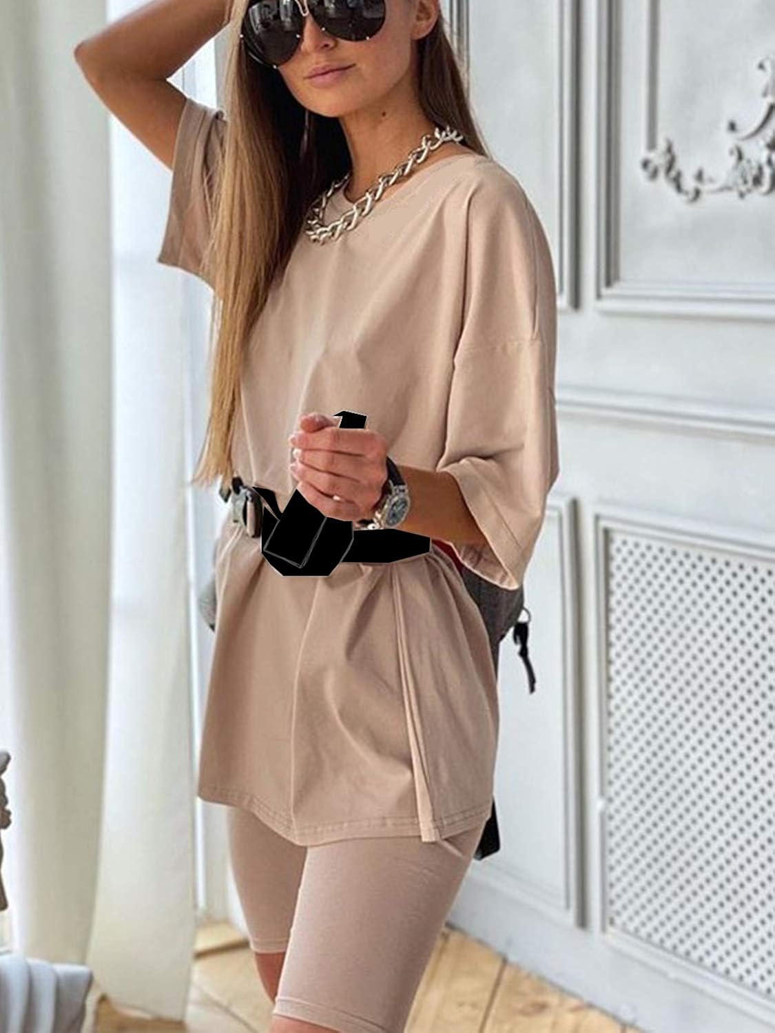Glamaker Women 2 Piece Outfit Sets Casual Oversized T-Shirt Tops Biker Shorts Workout Sport s Tracksuit: Clothing