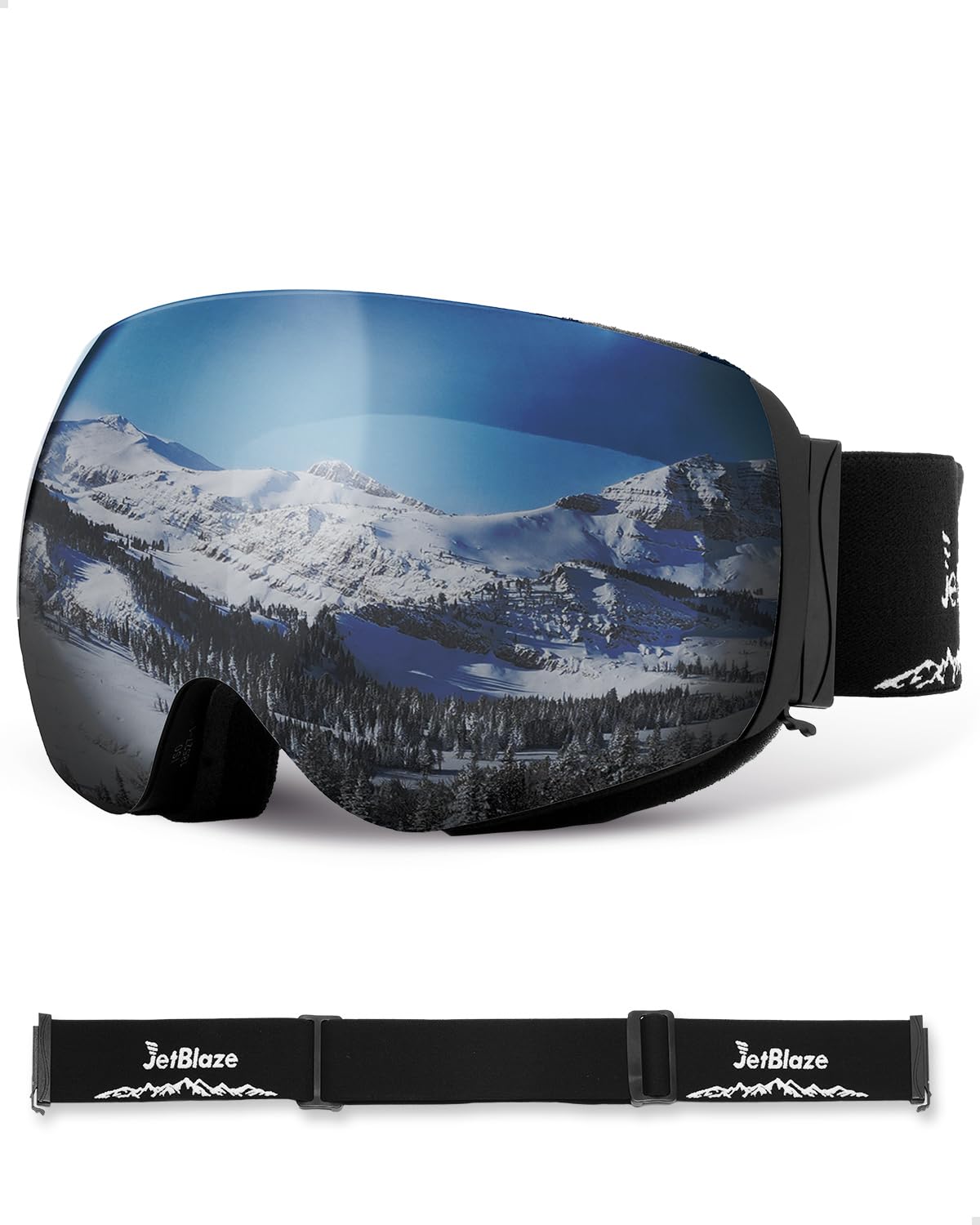 JetBlaze Men's Women's OTG Ski Goggles with Interchangeable Lenses and Straps for Glasses Wearers - Anti-Fog Snowboard Goggles - Spherical Silver Lens