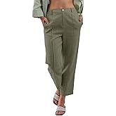 Amazhiyu Women's 100% Linen Summer High-Rise Effortless Pintuck Ankle Pants Green, Small