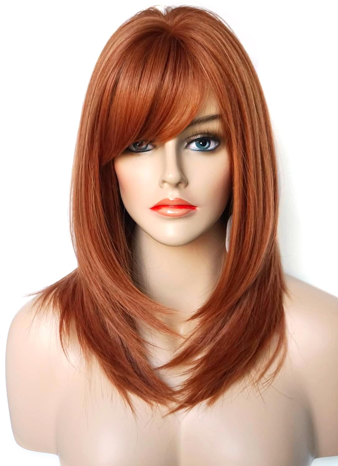 PORSMEER Medium Long Hair Wigs for Women Ladies Copper Red Bob Wigs with Fringe Natural Straight Synthetic Hair Wig 16 Inches,Everyday or Halloween Fancy dress Wig — image 1