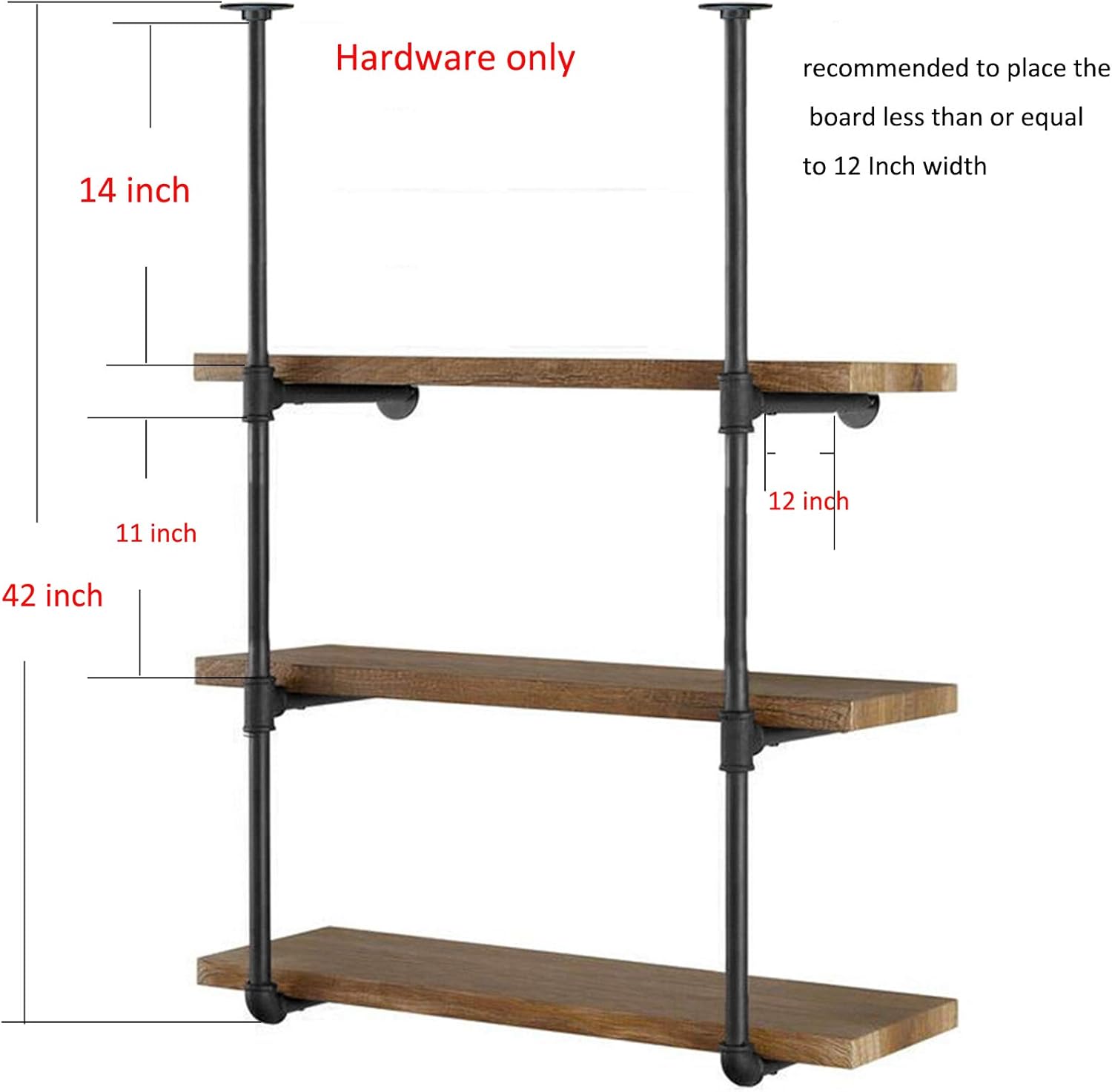 Yuanshikj 2Pc (42" Tall 12" deep, 3/4") Industrial Wall Mount Iron Pipe Shelf Shelves Shelving Bracket Vintage Retro Black DIY Open Bookshelf Storage Home Kitchen (2 Pcs 3Tier Hardware only): Furniture & Decor