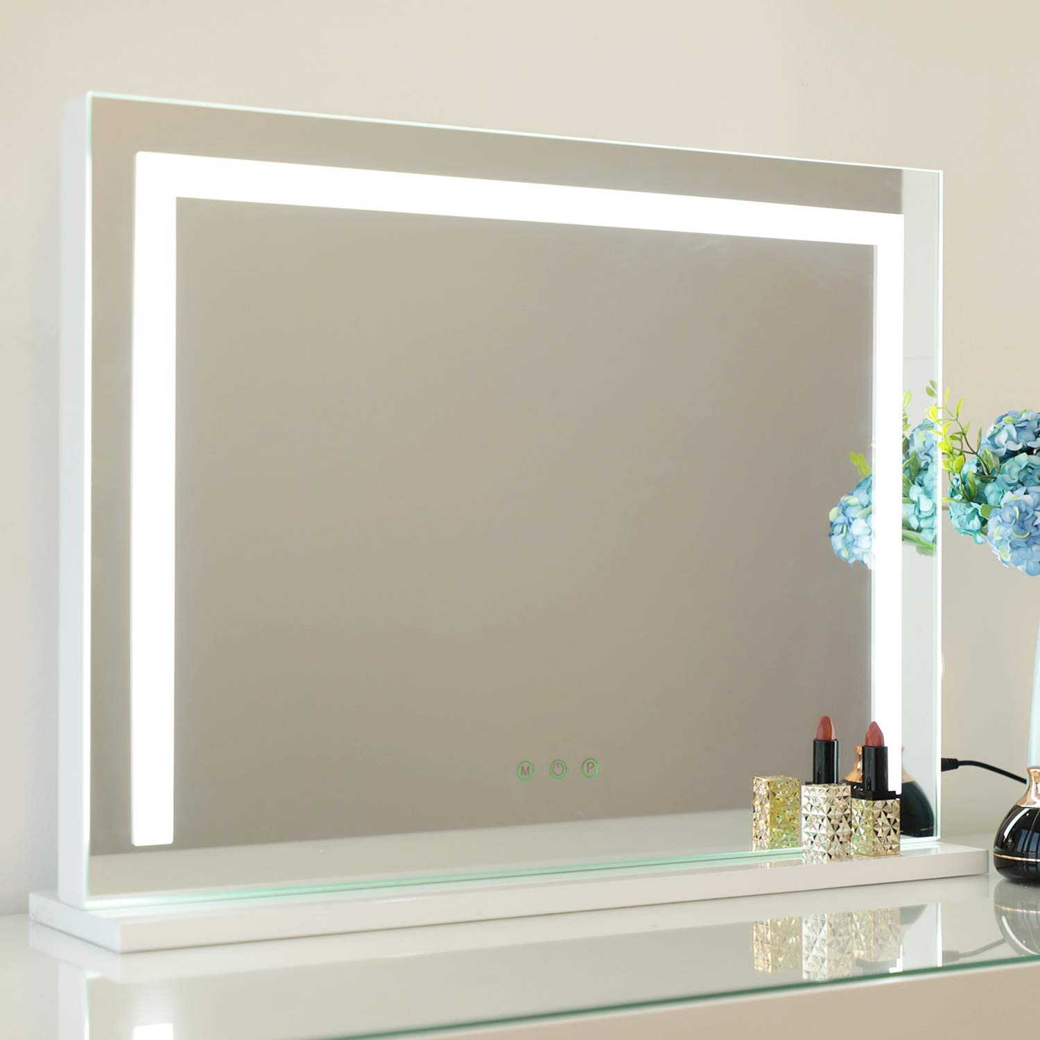 WAYKING Vanity Mirror with Light Strip, Lighted Makeup Mirror with 3 Lighting Colors, USB Charging Port and Touch Sensor, Wall-mounted and Tabletop Mirror, White (L22.83 x H17.32 inch)