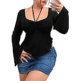 SOLY HUX Women's Plus Size T Shirts Bell Long Sleeve Ruched Asymmetrical Hem Halter Tee Crop Tops