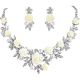 EVER FAITH Women's Austrian Crystal Simulated Pearl Rose Flower Leaf Necklace Pierced Earrings Set