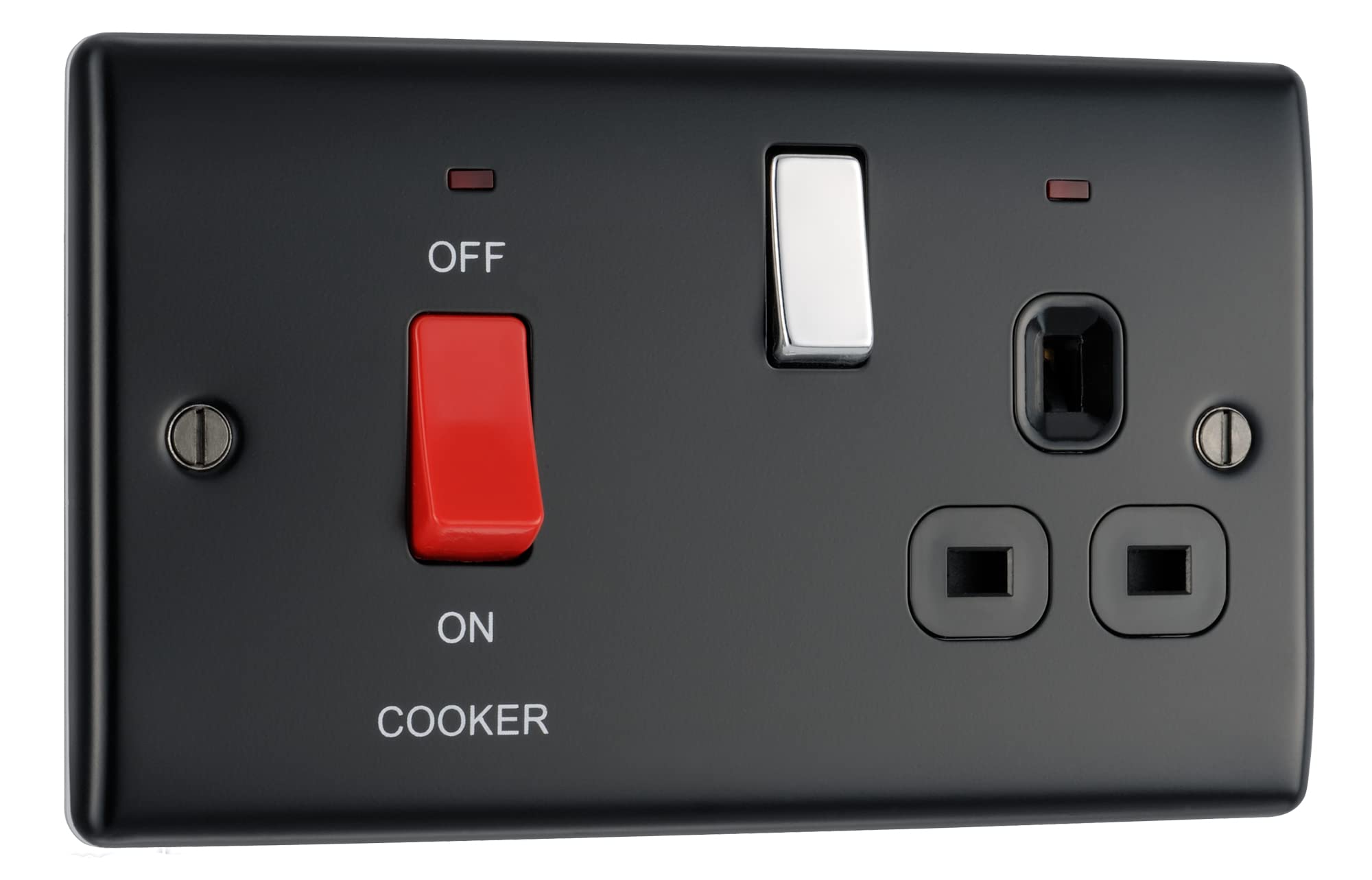 BG Electrical Double Pole Cooker Control Unit with Single Socket and Power Indicator, 45 Amp, Black Nickel