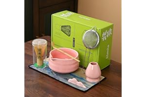 MOCHACHAJU 7psMatcha Set, Matcha Whisk Set Includes Matcha Bowl, Matcha Whisk Holder, Bamboo Matcha Whisk, Scoop and Matcha Sifter, Pink spots