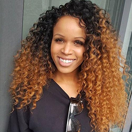Royal-First Afro Kinky Curly Gluelss 18inch Long Brazilian Virgin Human Hair Lace Front Wigs #1b/#30 Two-Toned Ombre Color for Women 150% Density Medium Cap