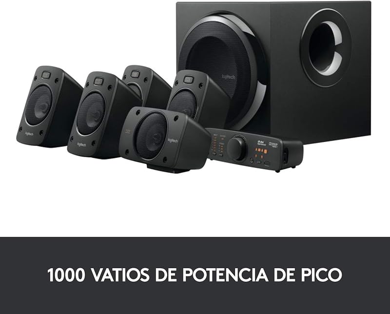 Sistema de alto-falantes de som surround logitech z906 5.1 thx, certificação dolby e dts, pico de 1000 w, vários dispositivos, múltiplas entradas de áudio, preto