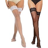 CICI ET PIAO Women's Thigh High Stockings Silicone Lace Top Stay Up Silky Semi Sheer Pantyhose