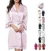 2Pcs Satin Robe Womens Silk Robes Lace Kimonos Bridal Silky Robes for Brides Bridesmaids Wedding Nightgown Bathrobe Sleepwear