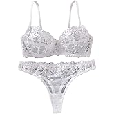 OYOANGLE Women's Two Piece Floral Lace Sheer Lingerie Set Underwire Bra High Cut Brief Babydoll Sets