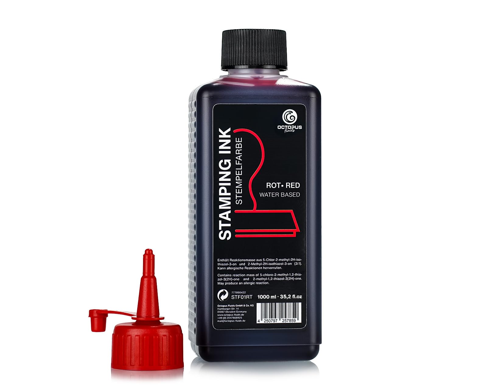 Octopus Fluids stamping ink, refillable ink for inking stamp pads and automatic stamping machines, 1000 ml stamping ink, red without oil