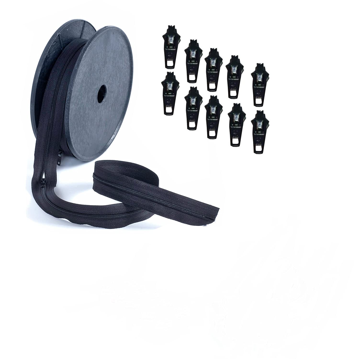 Continuous Zipping Black and Beige with Sliders Cushions Upholstery zips for Sewing Heavy Duty zips on roll Number 5 (Black, 10 Meter with 20 Sliders)