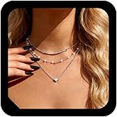 Andelaisi Boho Layered Heart Pendant Necklace Vintage Bead Choker Necklace Silver Crystal Tennis Chain Necklace Multilayered Love Heart Necklace Jewelry For Women