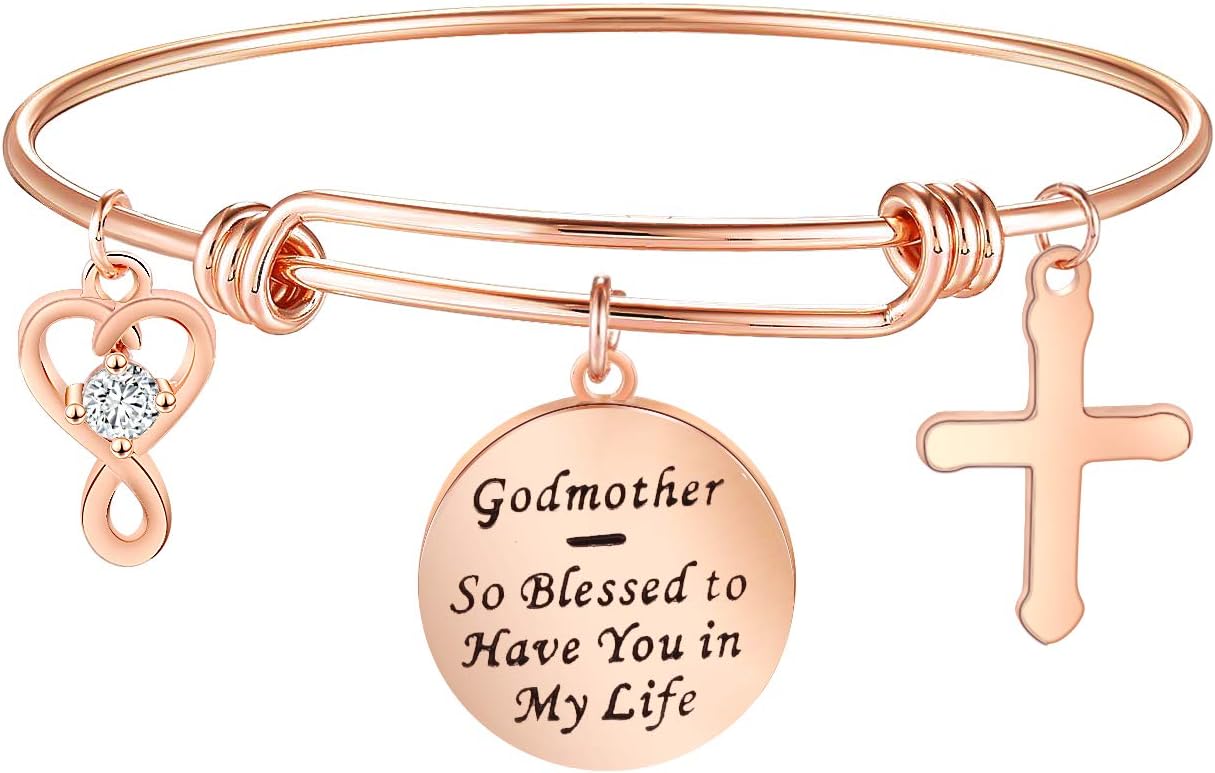 LQRIGodmother Gifts Godmother Bracelet So Blessed to Have You In My Life Expandable Wire Bangle Religious Jewelry Baptism Gift (rose gold)
