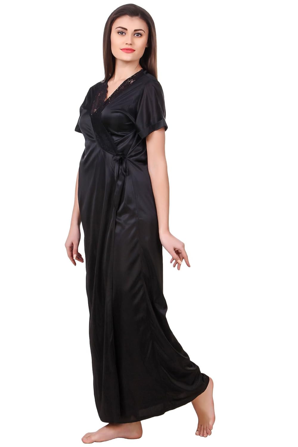 fasense women satin nightwear 2 pc set of nighty & wrap gown om007