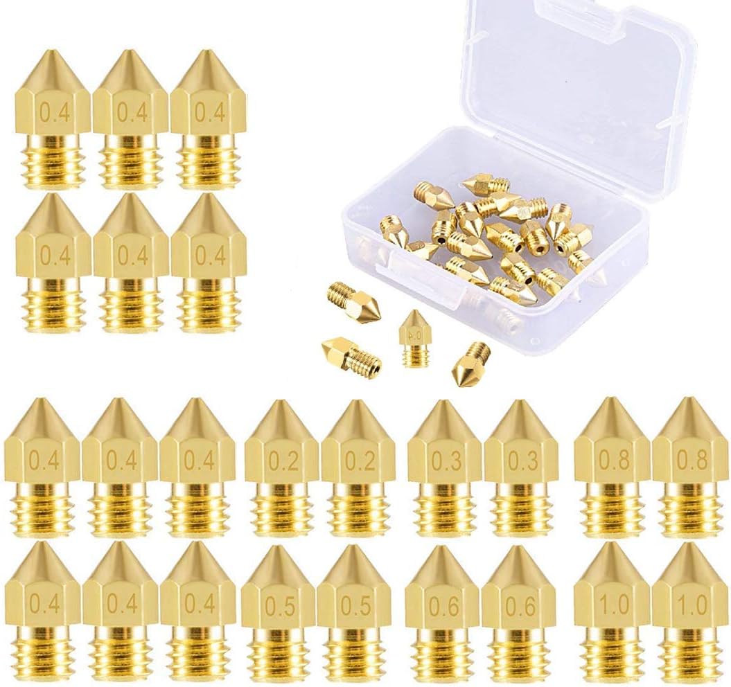 3D Printer Nozzle 24 Pieces Brass Extruder Nozzle Print Head 0.2mm, 0.3mm, 0.4mm, 0.5mm, 0.6mm, 0.8mm, 1.0mm Compatible with MK8 Makerbot Creality CR-10 M6 thread 3D printer, Come with a Storage Box