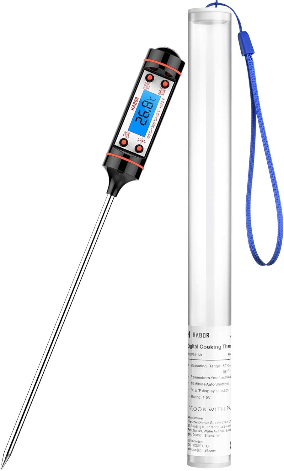 Habor Haushaltsthermometer Kochthermometer Küchenthermometer Einstichthermometer sofort lesen mit langer Sonde, Digital LCD Korrosionsschutz, für Braten, Kochen, Grillen/BBQ, Backen, Baby-Ernährung