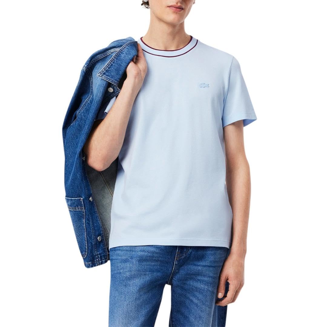 Lacoste Men’s Stretch Piqué Stripe Collar T-Shirt, Rill Blue Striped Collar, XX-Large