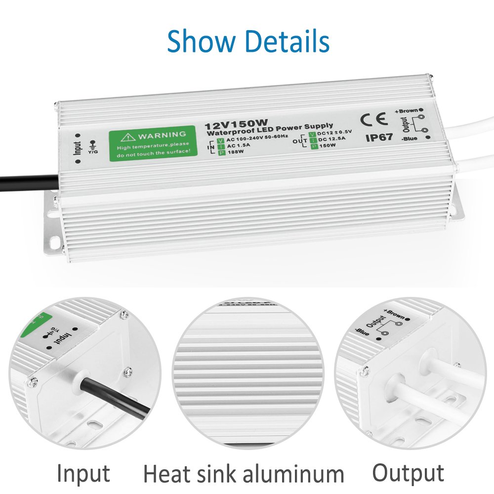 150 Watt LED Power Supply Waterproof IP67 Driver Transformer 120 to 12 Volt DC Output, AC/DC 12V 12.5A Switching Power Supply Low Voltage Lighting LED Driver Transformer