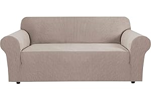 H.VERSAILTEX Stretch Sofa Covers for 3 Cushion Couch Covers Sofa Slipcovers for Living Room Feature Thick Checked Jacquard Fabric with Elastic Bottom, Sofa Large - Sand