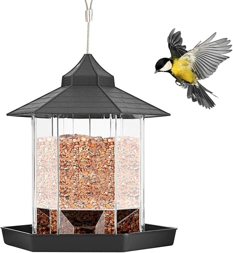 Petyoung Panorama Bird Feeder Plastic Hanging Wild Bird Feeder For Outdoor Garden Yard Patio Backyard Decoration Hexagon Shaped With Roof Amazon Co Uk Garden Outdoors