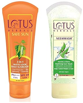 Lotus Herbals Safe Sun 3-In-1 Matte Look Daily Sunblock, SPF 40, 100g & Herbals Neemwash Neem And Clove Purifying Face Wash, 120g Combo