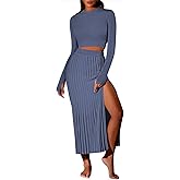 Pink Queen Women's 2 Piece Sweater Outfits Set Long Sleeve Crop Top Ribbed Split Bodycon Midi Long Skirt Knit Dresses