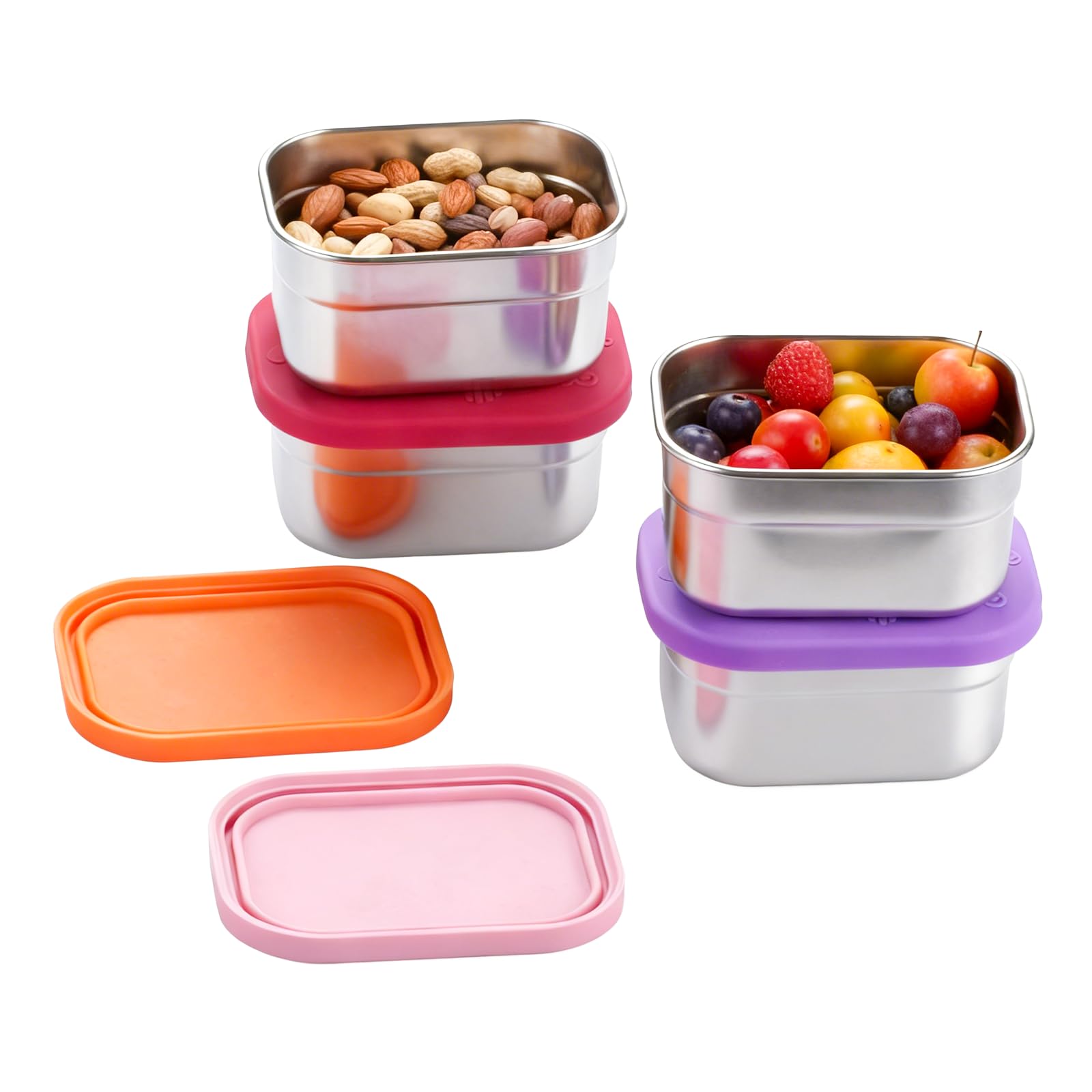 Photo 1 of 4 Pack Stainless Steel Snack Containers with Lids Set, 8 oz Rectangular Easy Open Leakproof Reusable Snack Box Container for Lunch, Small Lunch Food Containers for Meal Prep, Salad Dressing To Go