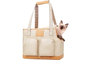 Johomviin Dog Carrier Purse, Foldable Waterproof Premium PU Leather Oxford Cloth Dog Carrier Bag, Pet Travel Tote Bag with Pockets for Cat and Small Dog