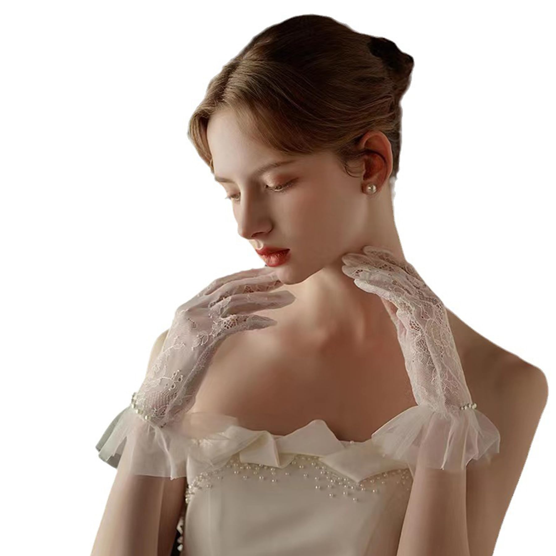 Umimiss Lace Gloves for Women - White/Black Short Floral Gloves With Pearls for Wedding, Opera, Tea Party (White)