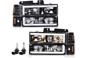 PIT66 LED DRL Headlights Assembly, Compatible with 1994-1998 Chevy C10 C/K 1500 2500 3500 Fit 94-99 Chevy Tahoe Suburban w/Turn Signal Lamps Bumper Lights Corner Lamps Clear Lens Amber Reflector