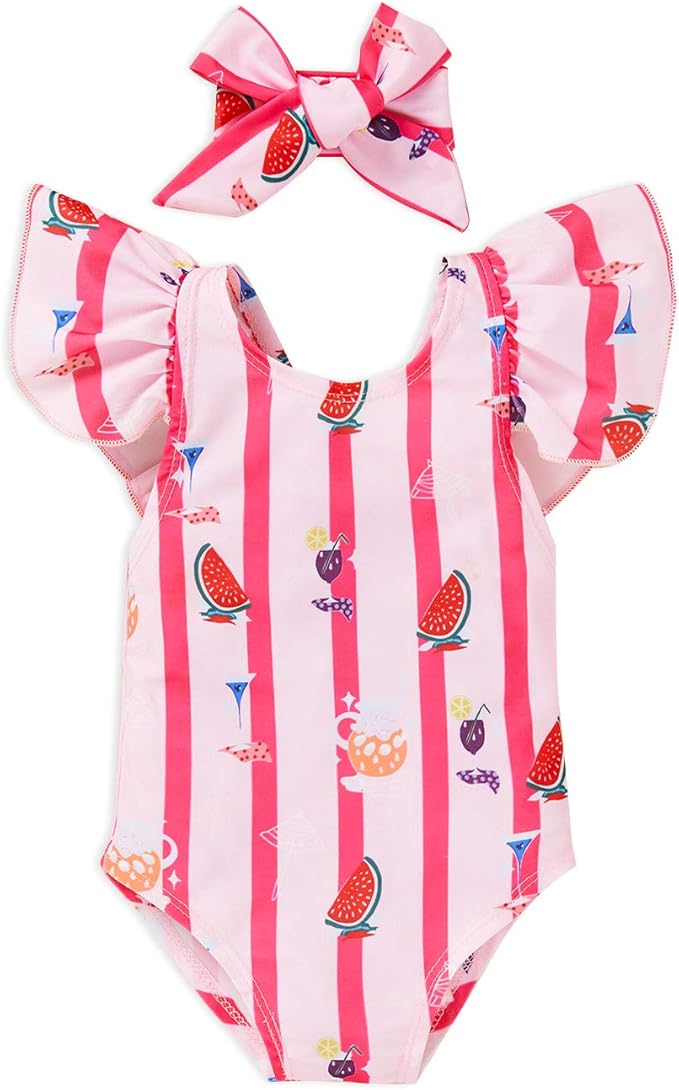 Baby Girl Swimsuit Infant Rainbow Print Bikini Cami Backless Ruffle Onesie Bathing Suit red
