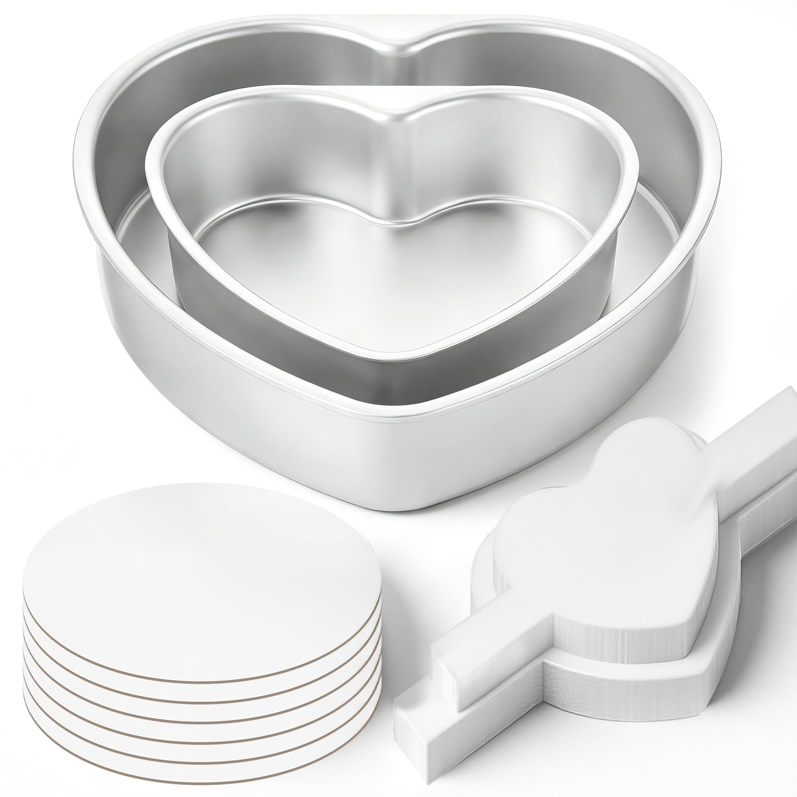 Photo 1 of Mifoci 2 Pcs Valentine 6/8 Inch Heart Shaped Cake Pans with 60 Parchment Paper and 6 Pcs 8'' Cake Boards, Valentine's Day Aluminum Cakepans Set for Kitchen Birthday Wedding Favor