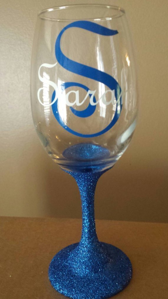 Personalized Wine Glass with Glittered Stem Blue