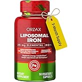 ORZAX Iron Supplement 25 mg -Liposomal Technology- High Bioavailability 90 Vegetable Capsules, Helps New Blood Cell Production, Non-Constipating, Non-GMO & Gluten Free, for Women, Men, Adults